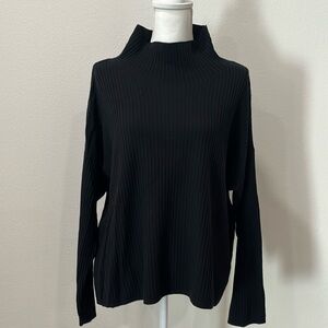 Eileen Fisher Black Ribbed Long Sleeve Luxe Merino Wool Stretch Top NWT